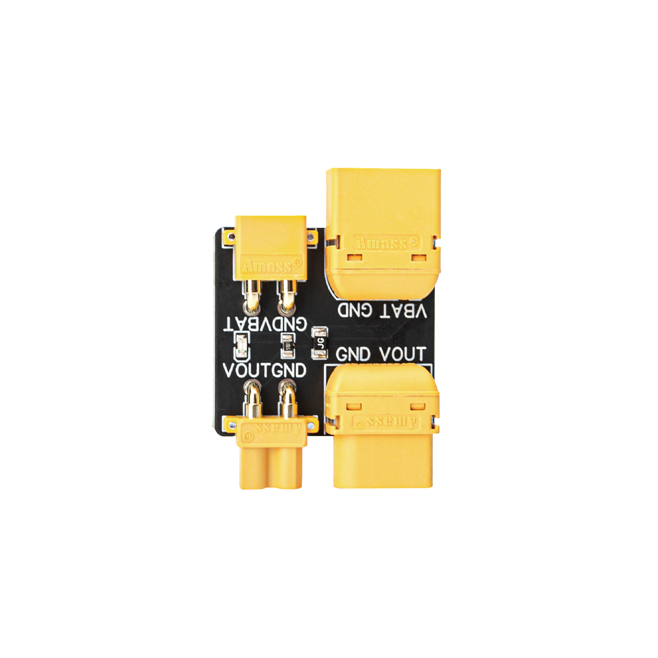 Back side of OddityRC smoke stopper PCB showing VBAT/GND and VOUT/GND pads with XT30/XT60 ports