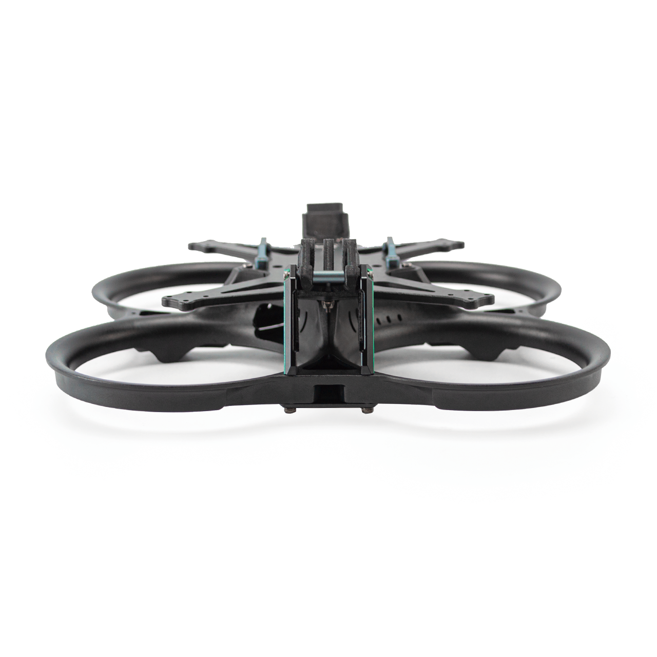 Low front view of ducted FPV frame showing center stack mounting rails and duct openings