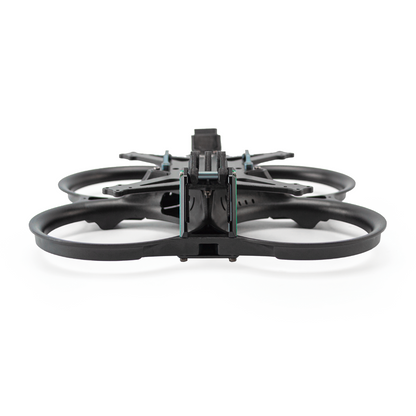 Low front view of ducted FPV frame showing center stack mounting rails and duct openings