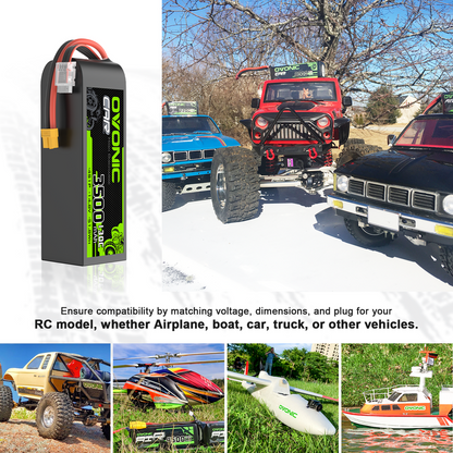 OVONIC 3500mAh 14.8V 4S LiPo battery shown with RC car, boat, and airplane application examples