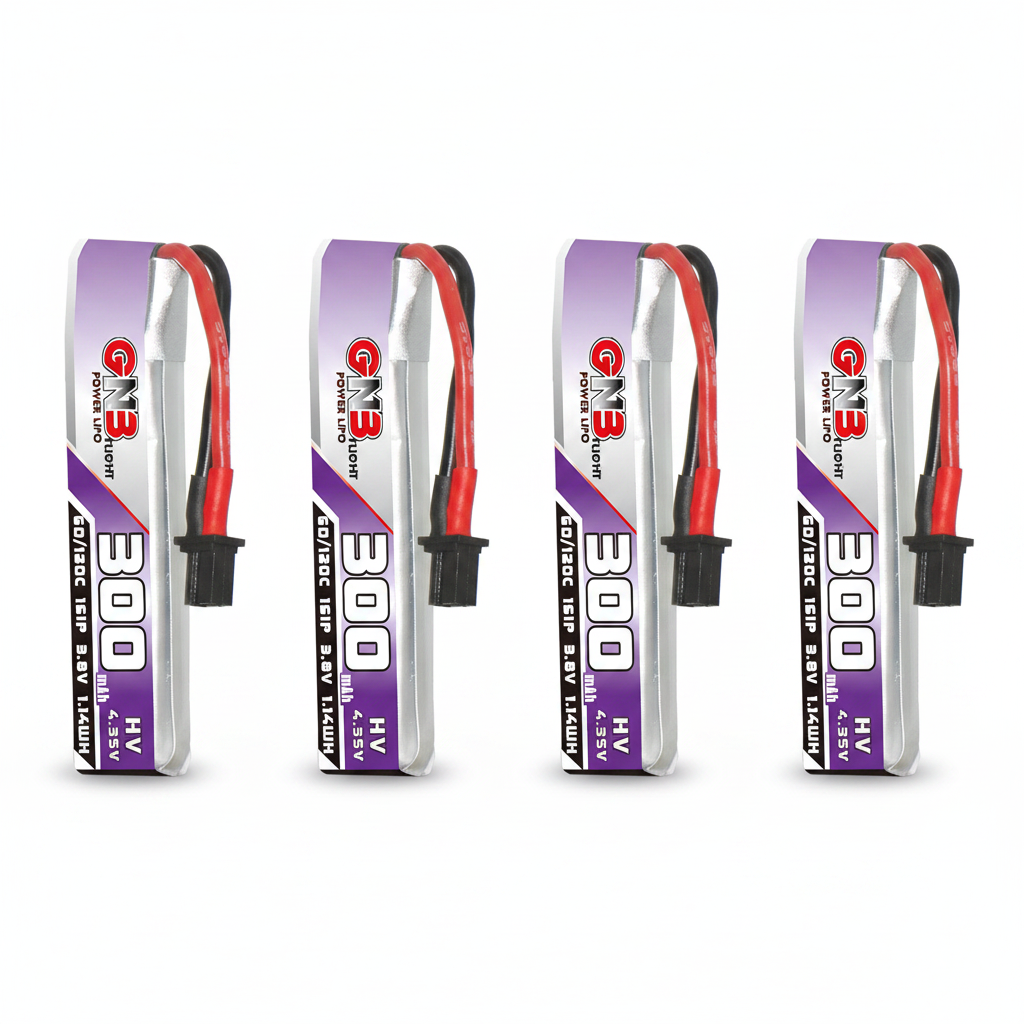 Four GNB 300mAh 1S LiHV LiPo batteries shown upright, each with A30 plug and lead wires