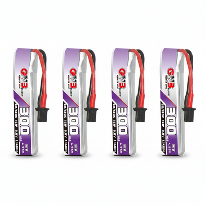 Four GNB 300mAh 1S LiHV LiPo batteries shown upright, each with A30 plug and lead wires