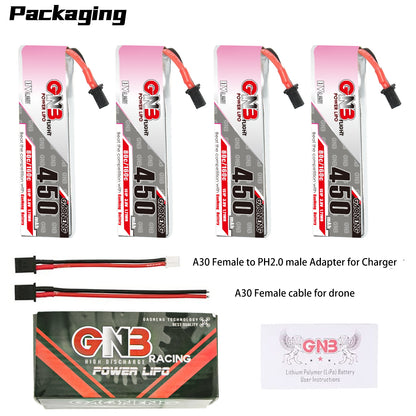 Package contents: 4x GNB 450 LiHV batteries, A30-to-PH2.0 adapter lead, A30 female drone lead, box, manual