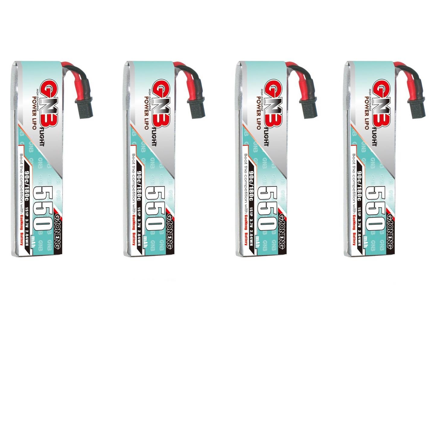 GAONENG GNB5501S90A 1S 3.7V 550mAh 90C LiPo battery long type with A30 cable, 4-pack view