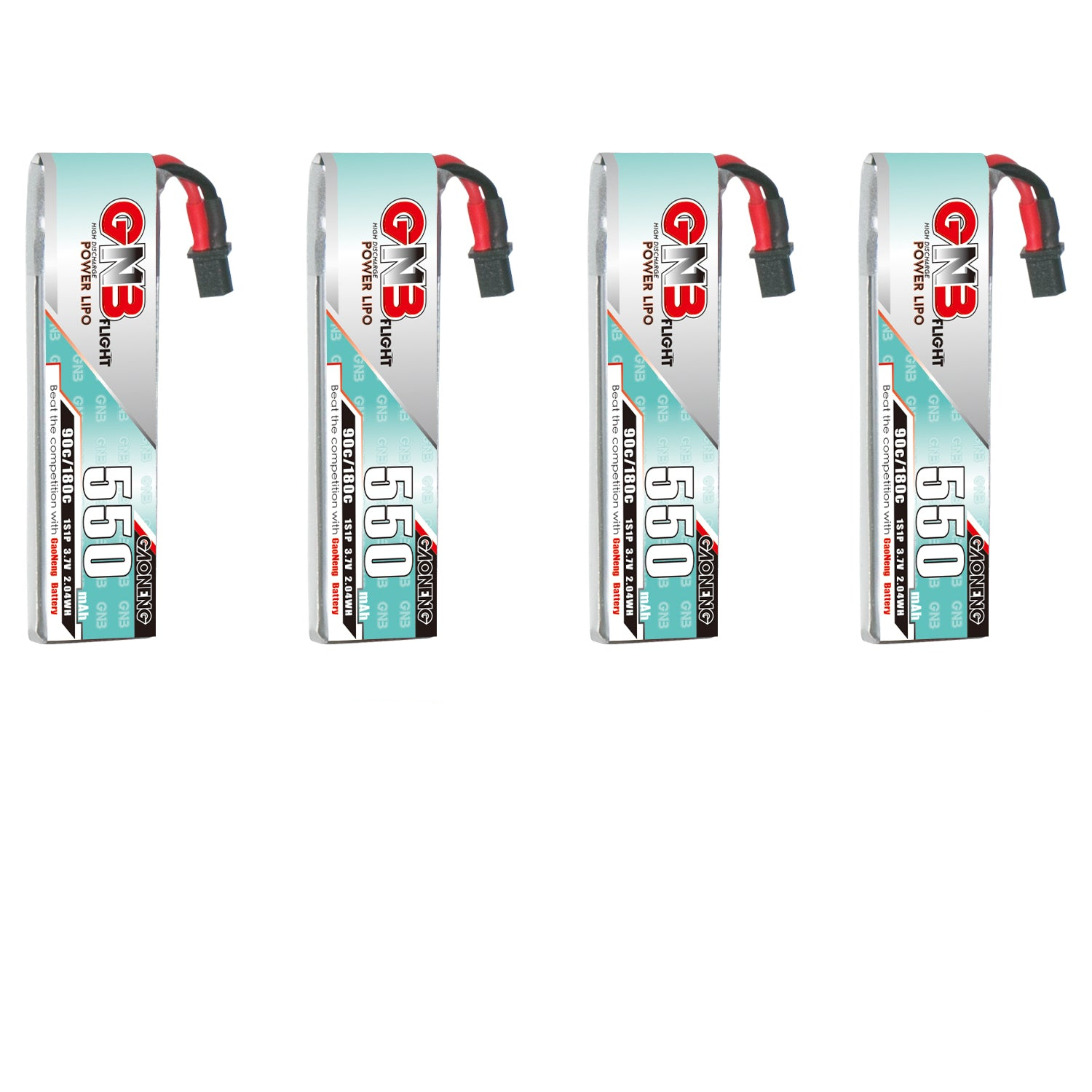 GAONENG GNB5501S90A 1S 3.7V 550mAh 90C LiPo battery long type with A30 cable, 4-pack view