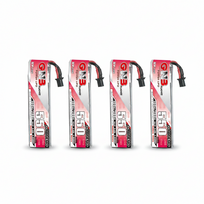 Four GNB 550mAh 1S LiHV LiPo batteries shown upright, each with A30 plug and lead
