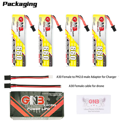 Packaging contents display: four GNB 660 batteries, A30-to-PH2.0 charge adapter, A30 cable, box, manual