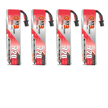 GNB LiHV 1S 3.8V 720mAh 100C A30 cabled LiPo battery pack, four batteries shown