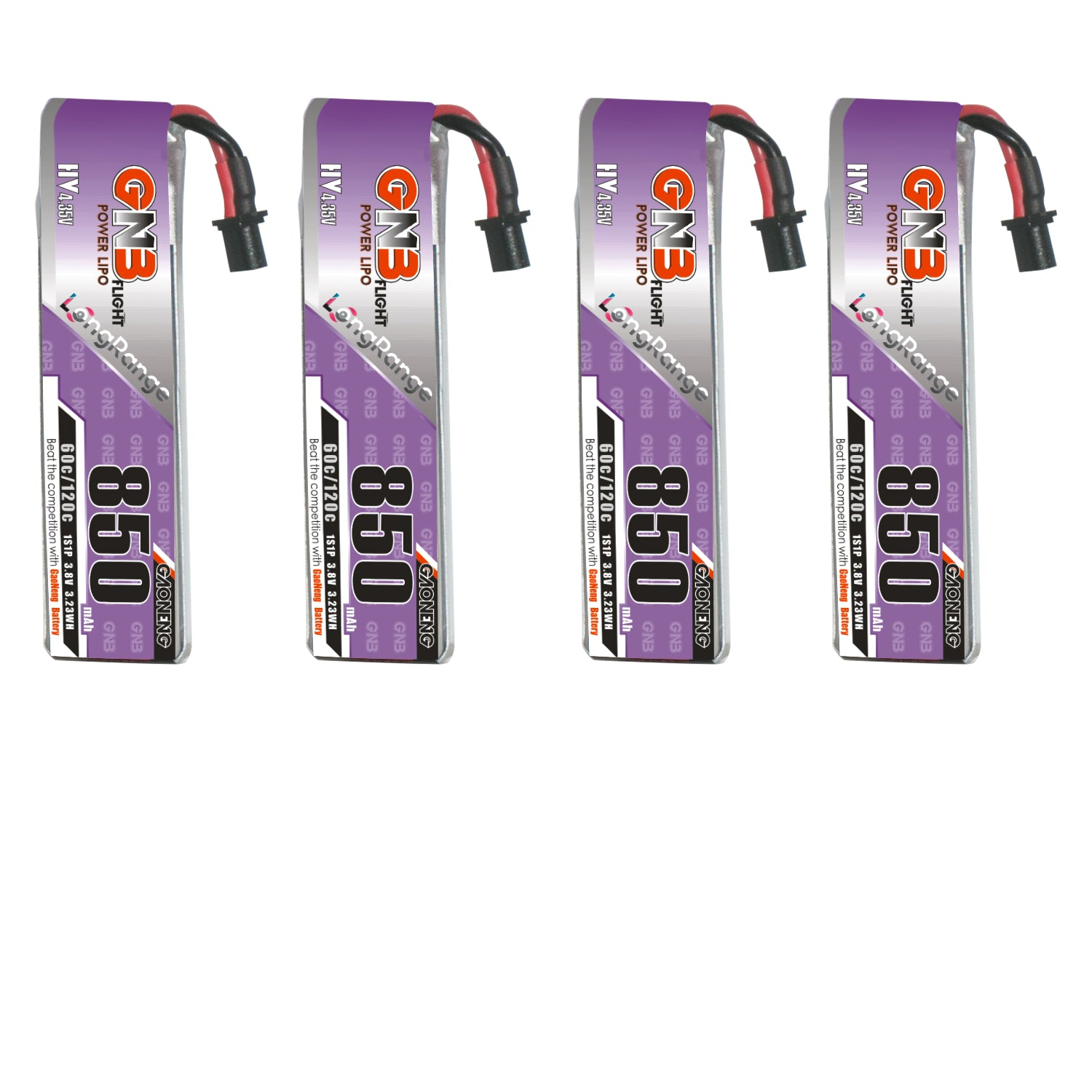 GAONENG GNB 850mAh 1S 3.8V LiHV 60C battery with A30 cable, four-pack shown