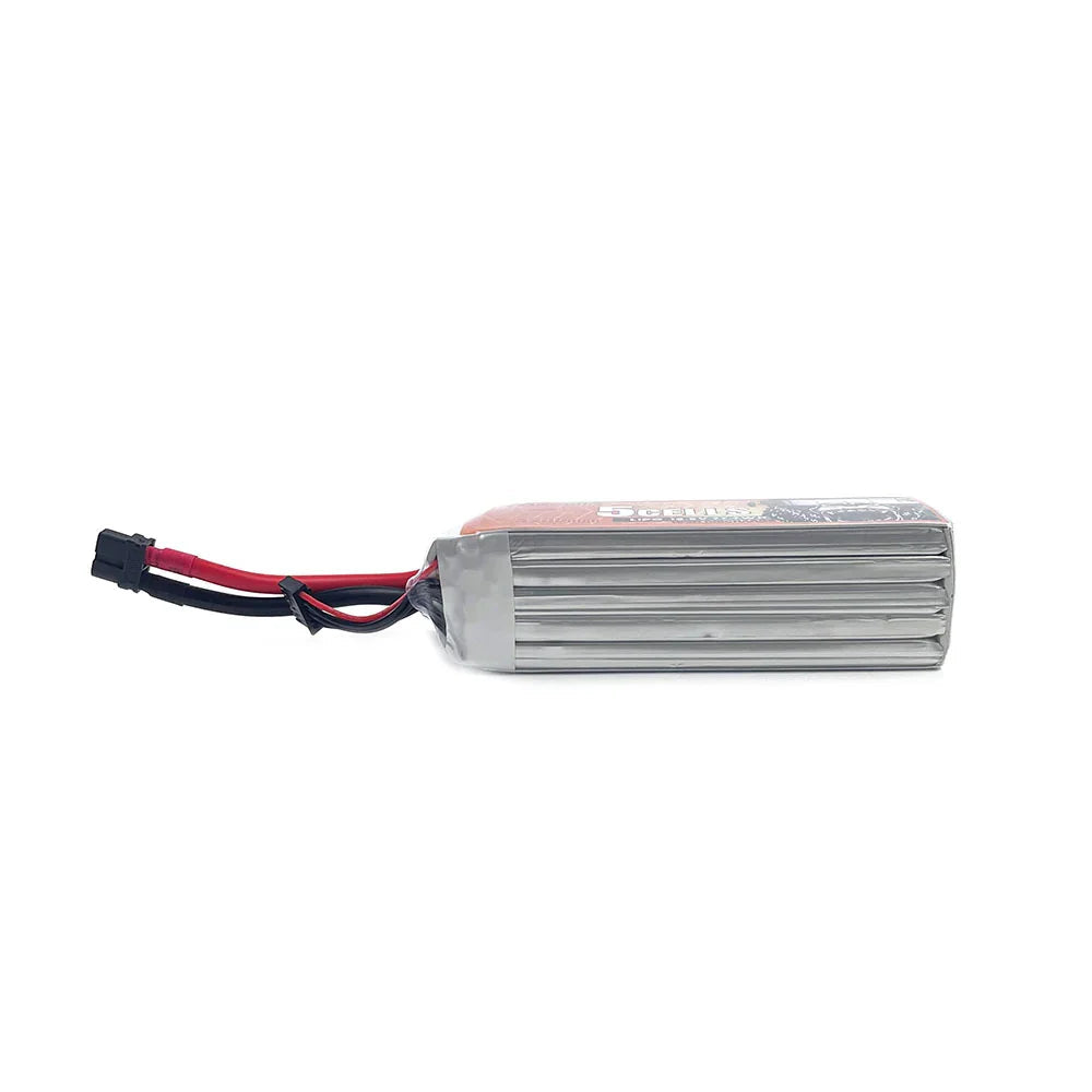 Side profile of 5S LiPo battery pack showing stacked cells and discharge lead