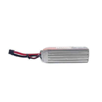 Side profile of 5S LiPo battery pack showing stacked cells and discharge lead