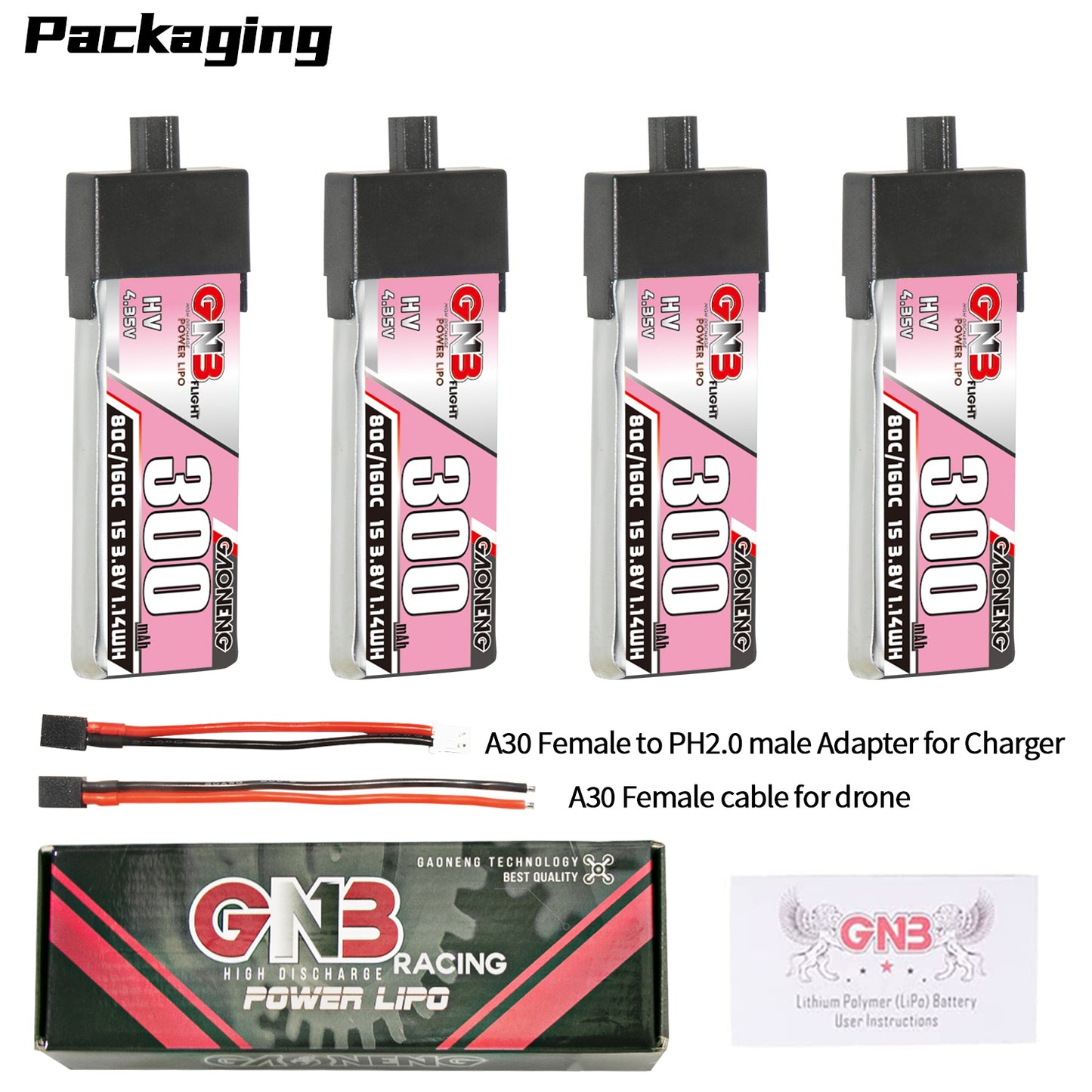 Packaging contents: four 300mAh HV batteries, A30-to-PH2.0 adapter lead, A30 female lead, box, leaflet
