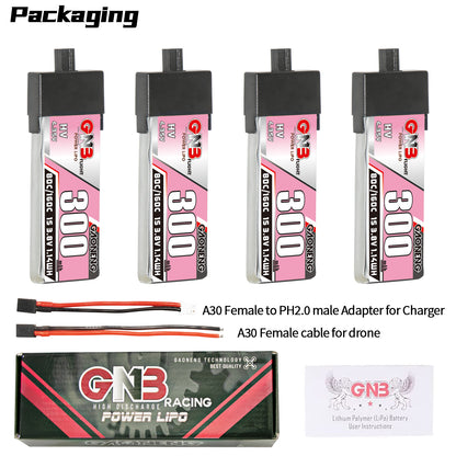 Packaging contents: four 300mAh HV batteries, A30-to-PH2.0 adapter lead, A30 female lead, box, leaflet