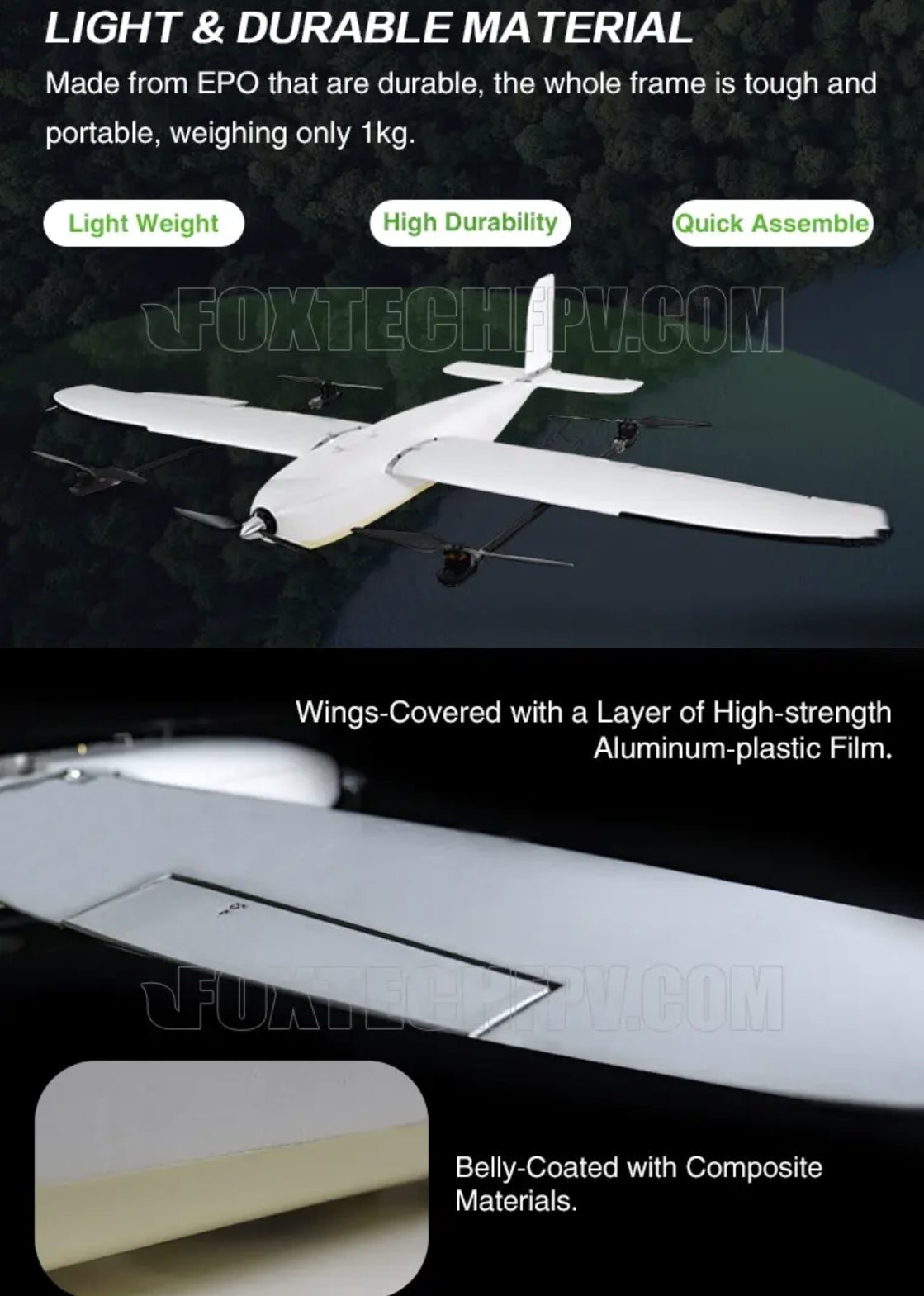 Foxtech Loong 2160 VTOL Airplane, Robust drone with durable EPO frame, lightweight and portable with added protection.