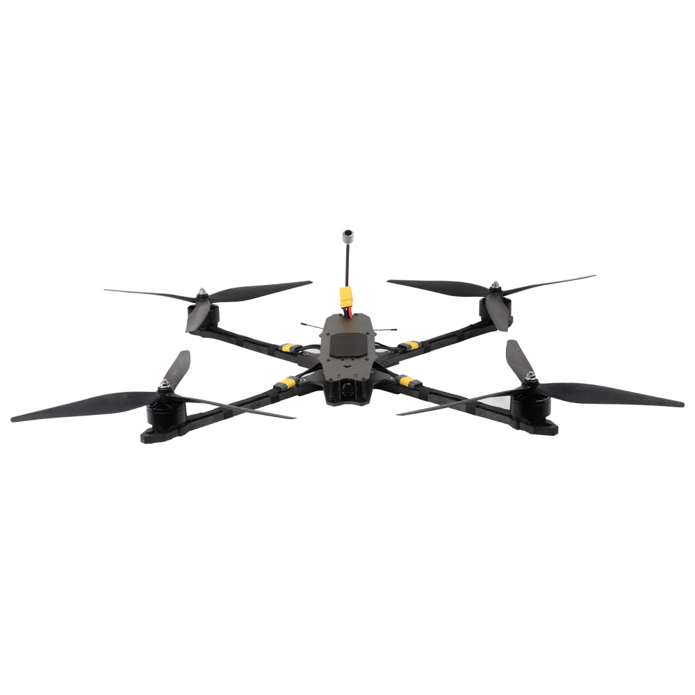 Front low-angle view of the MY15 FPV quadcopter with long arms, motors, and upright antenna