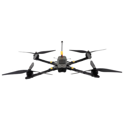 Front low-angle view of the MY15 FPV quadcopter with long arms, motors, and upright antenna