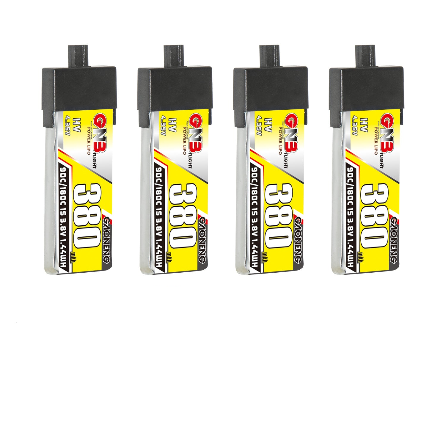 GNB 380mAh 1S LiHV 3.8V A30 battery set, four packs shown front label view