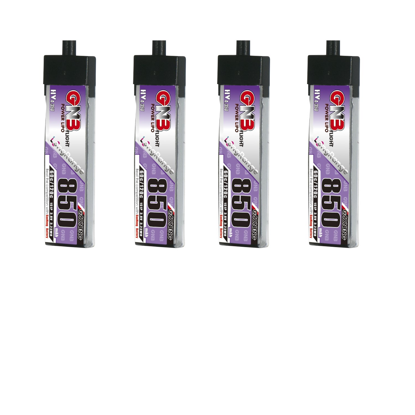 GAONENG GNB GNB8501S60PHV LiHV LiPo Battery 850mAh shown as 4-pack with A30 connector