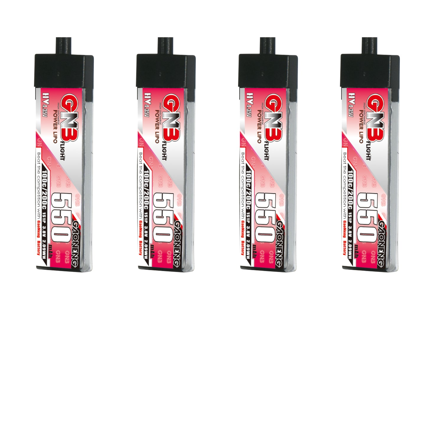Four GNB 550mAh 1S LiHV LiPo batteries shown front label with A30 connector