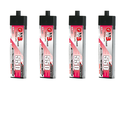 Four GNB 550mAh 1S LiHV LiPo batteries shown front label with A30 connector