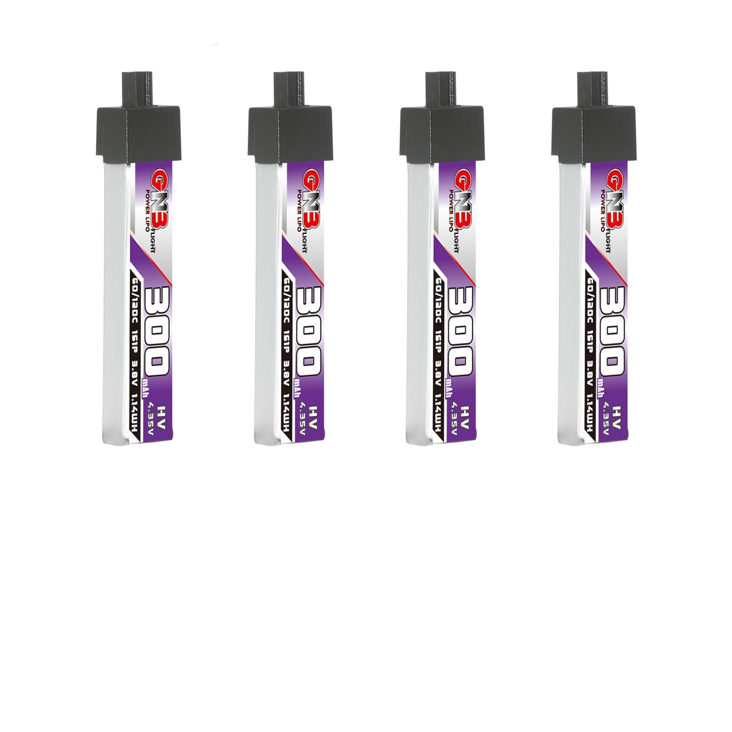 GNB300 1S 3.8V 300mAh 60C LiHV LiPo battery with A30 connector, four-pack display