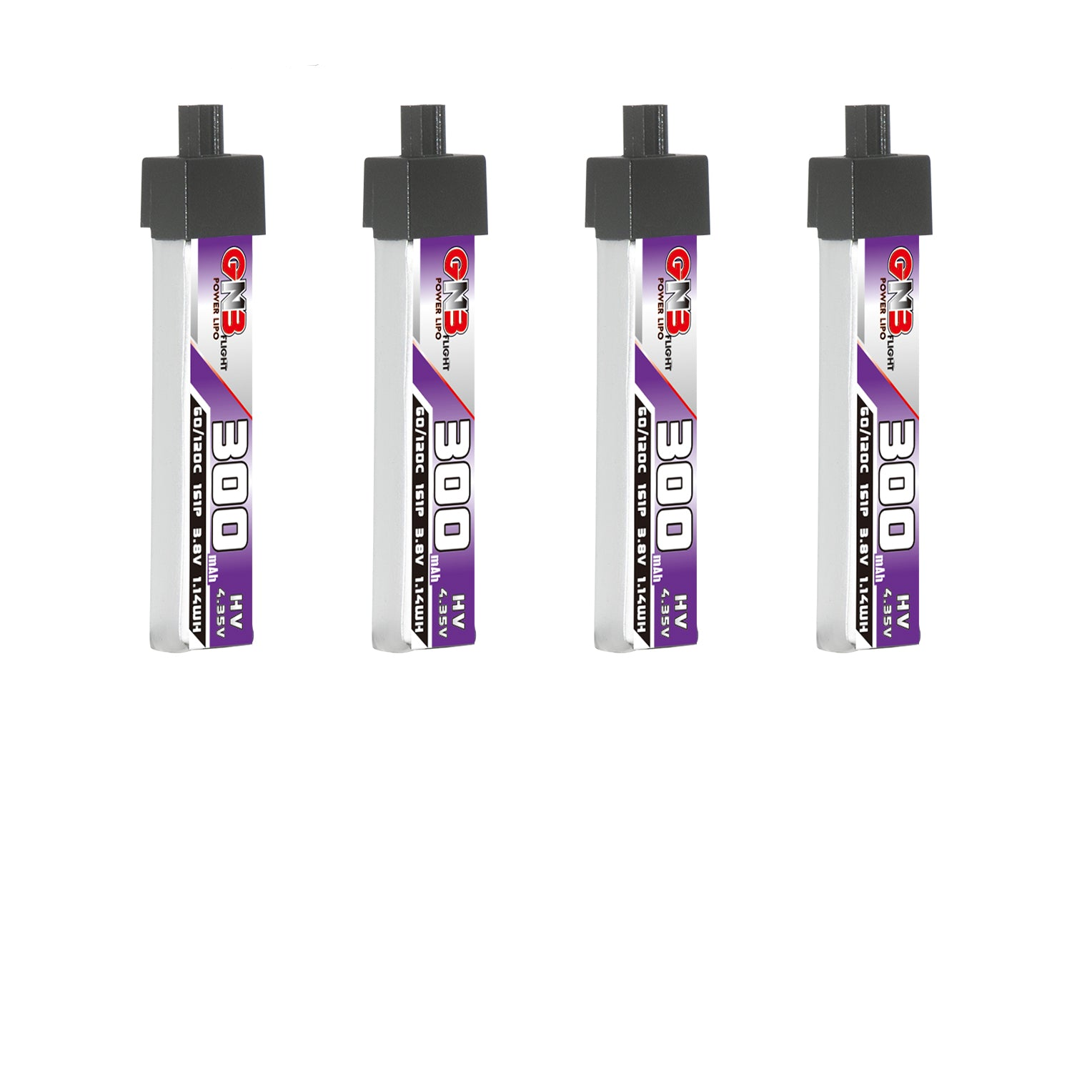 GNB300 1S 3.8V 300mAh 60C LiHV LiPo battery with A30 connector, four-pack display