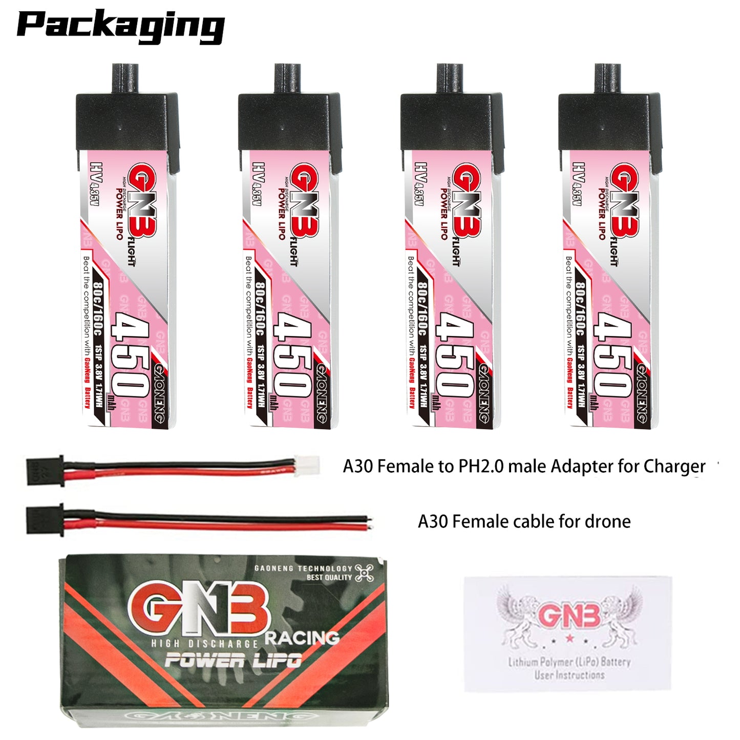 Packaging contents: 4 GNB450 batteries, A30 female to PH2.0 male charger adapter, A30 lead, box, manual