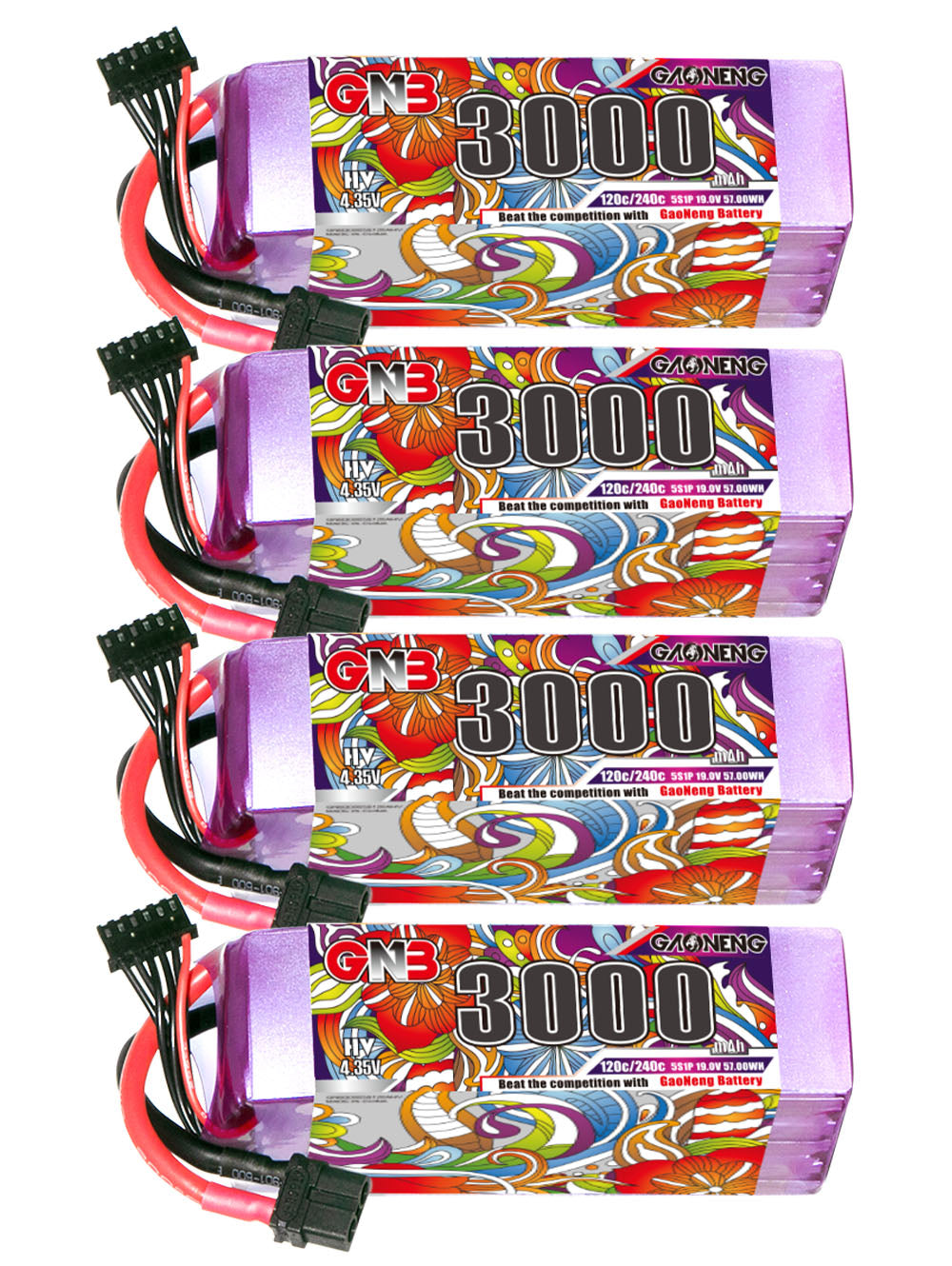 Four GNB 3000mAh LiHV battery packs stacked, showing top labels and attached XT60 leads