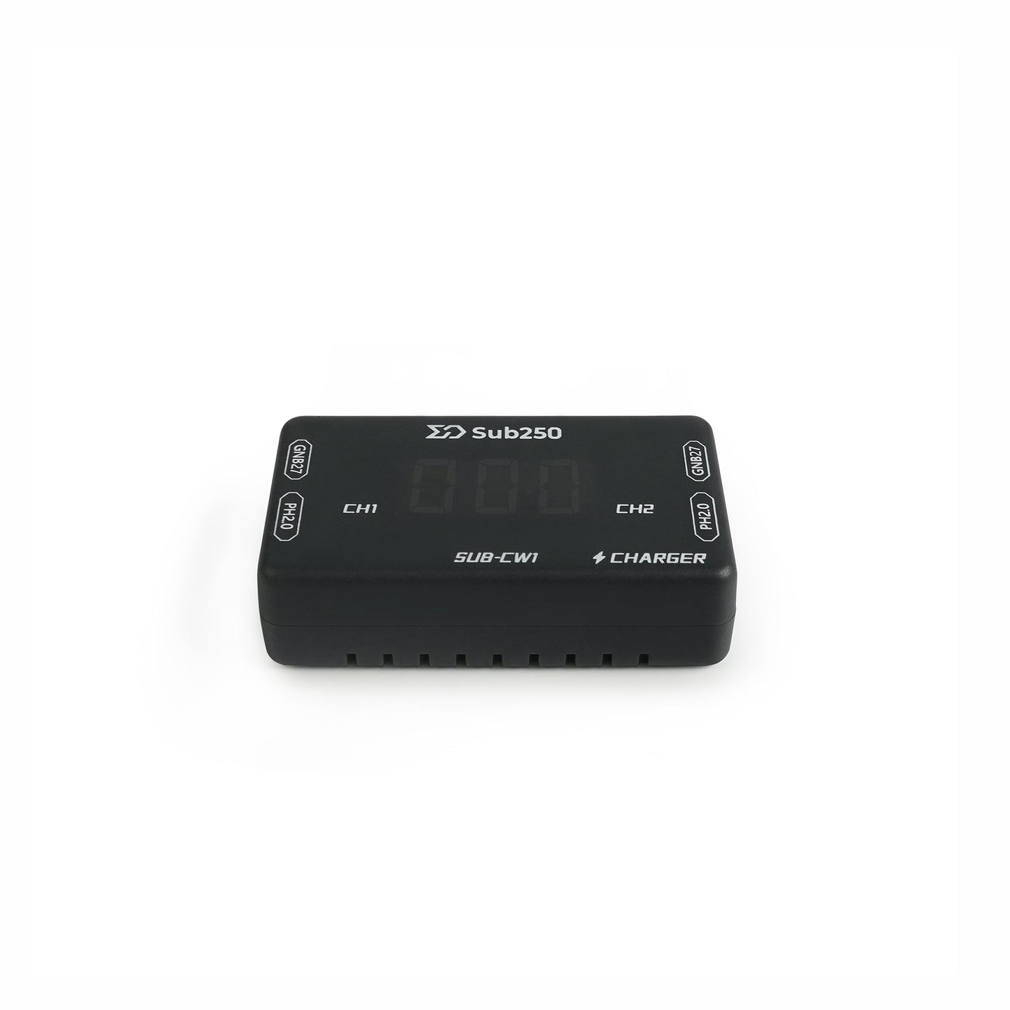 Sub250 SUB-CW1 1S LiHV dual charger, straight-on top view showing CH1/CH2 and control buttons