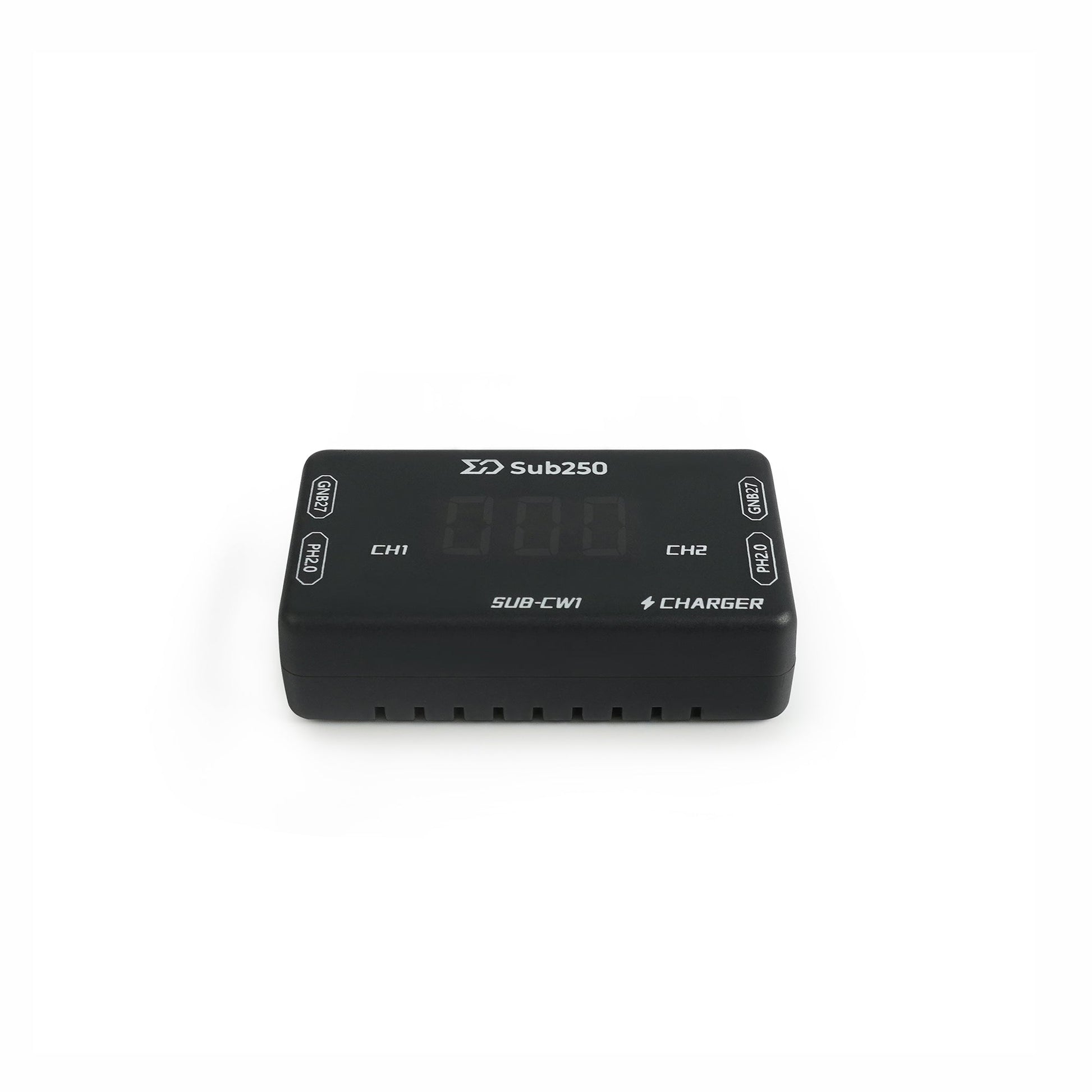 Sub250 SUB-CW1 1S LiHV dual charger, straight-on top view showing CH1/CH2 and control buttons