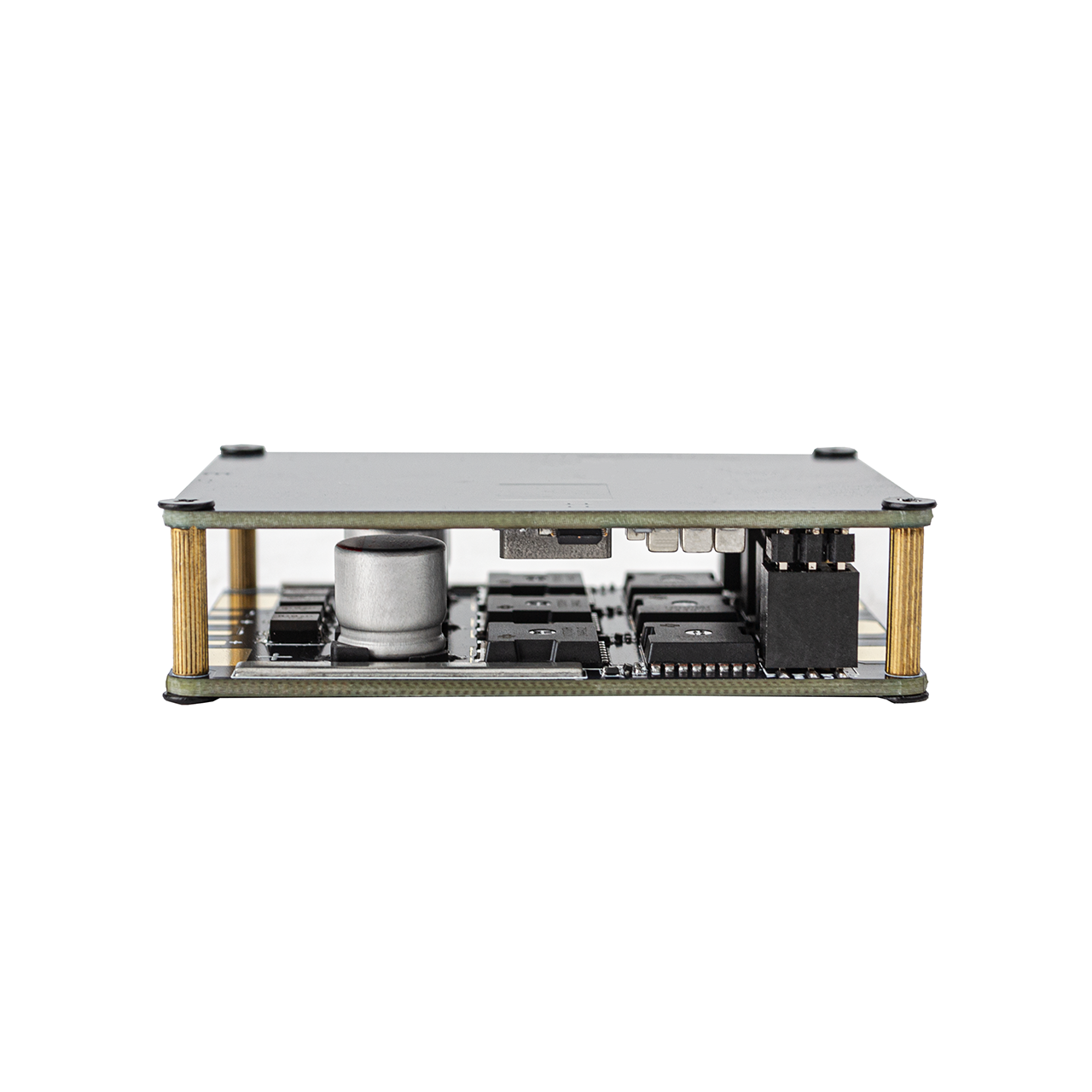 Side profile of ESC stack showing onboard inductor, MOSFETs, and connector header under top plate