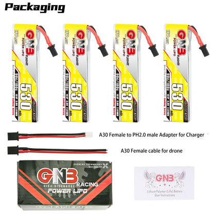 Packaging contents: 4x GNB 530 batteries, A30 female to PH2.0 male charge adapter, A30 drone cable, box, manual