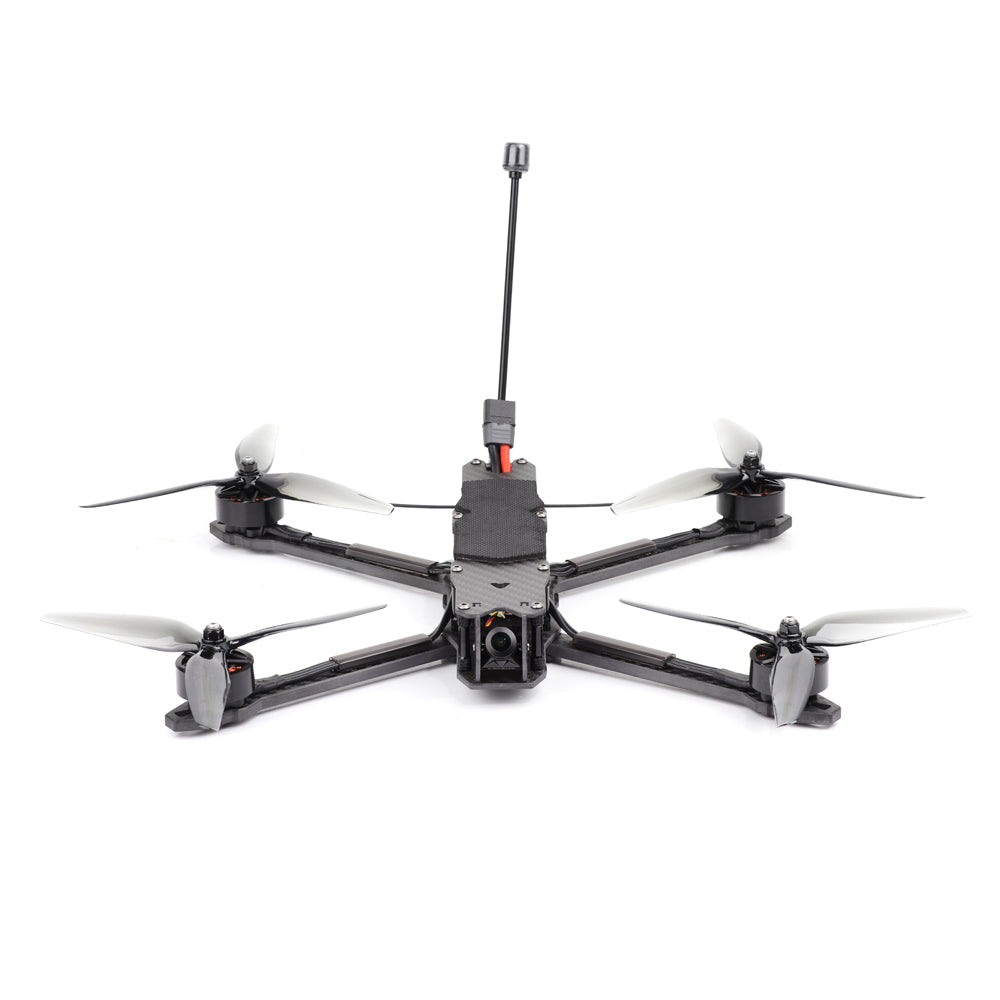HGLRC MY7 FPV drone front view showing camera mount, arms, and upright antenna