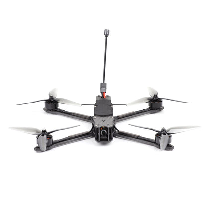 HGLRC MY7 FPV drone front view showing camera mount, arms, and upright antenna