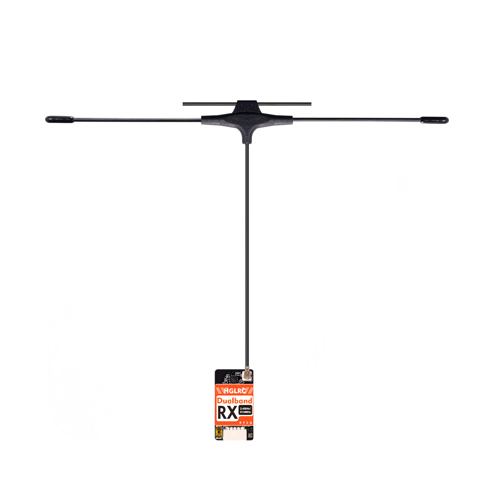 HGLRC ELRS dual-band RX with single T antenna attached, product overview on white background
