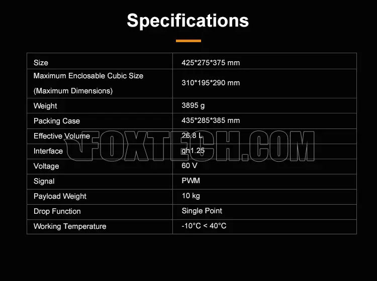 RDD-10 10KG Payload Release and Drop Container 26.8L Effective Volume 7 RDD-10 10KG Payload Release and Drop, Specifications: Large container with dimensions, weight, and features for payload capacity and operating temperature.