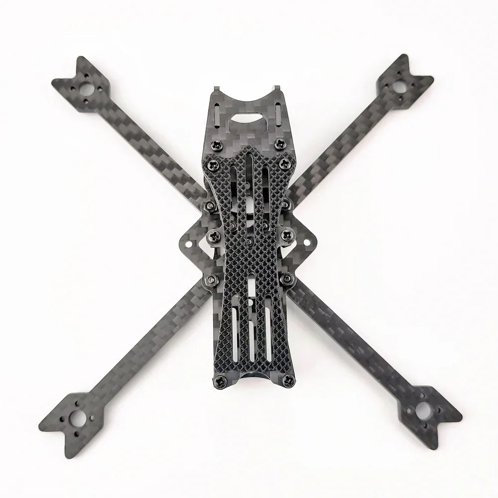 Top-down view of assembled carbon fiber toothpick FPV drone frame with X-style arms