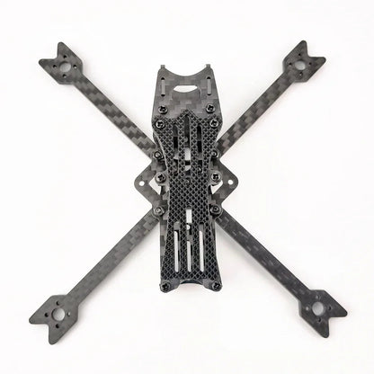 Top-down view of assembled carbon fiber toothpick FPV drone frame with X-style arms