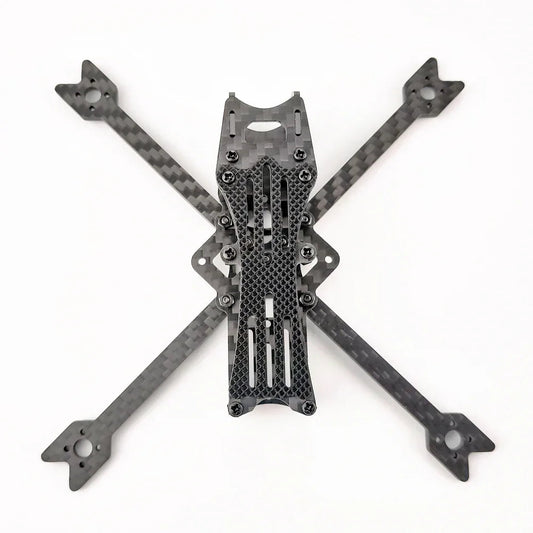 Top-down view of assembled carbon fiber toothpick FPV drone frame with X-style arms