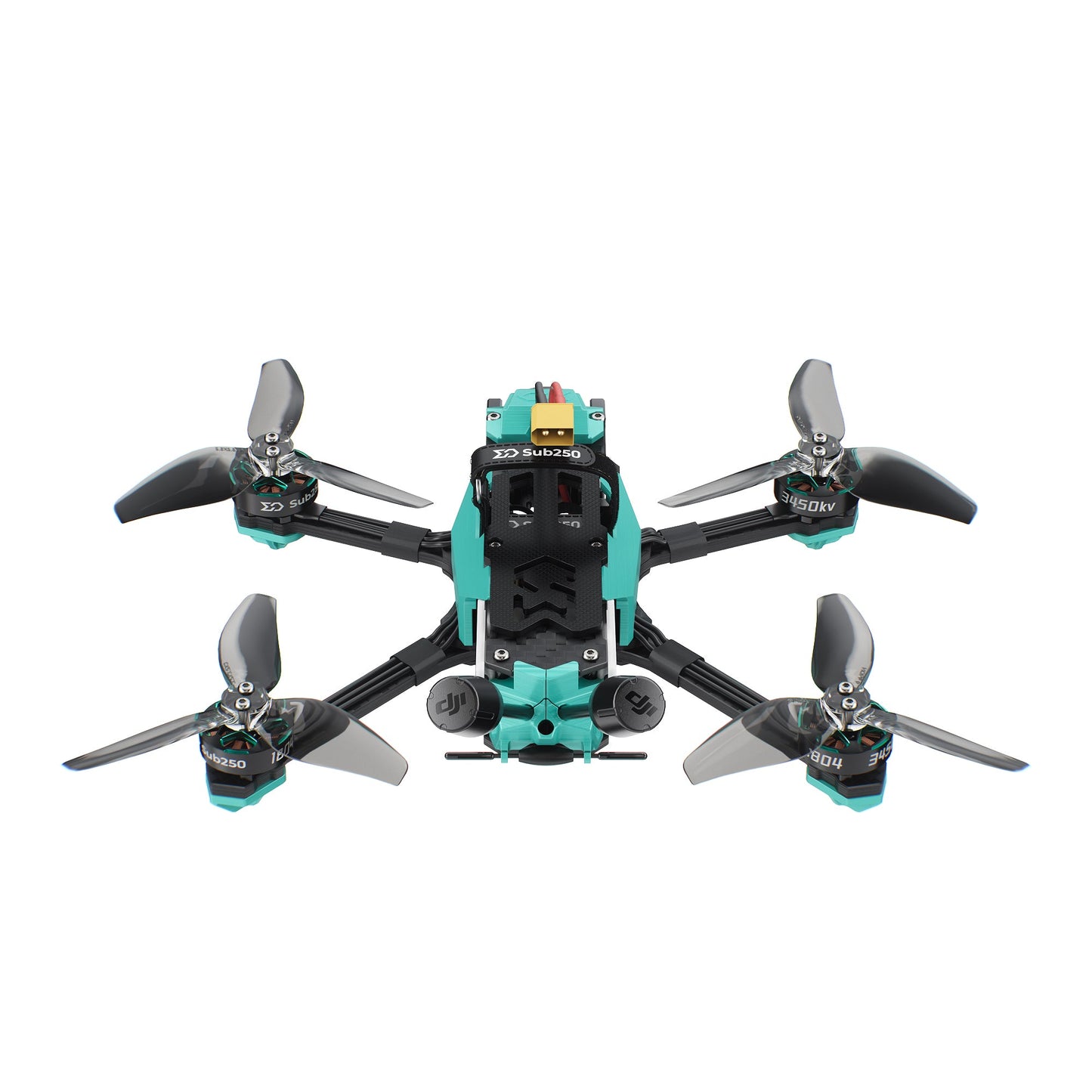 Top-down view of quadcopter showing four props, motor layout, and rear antenna mounts