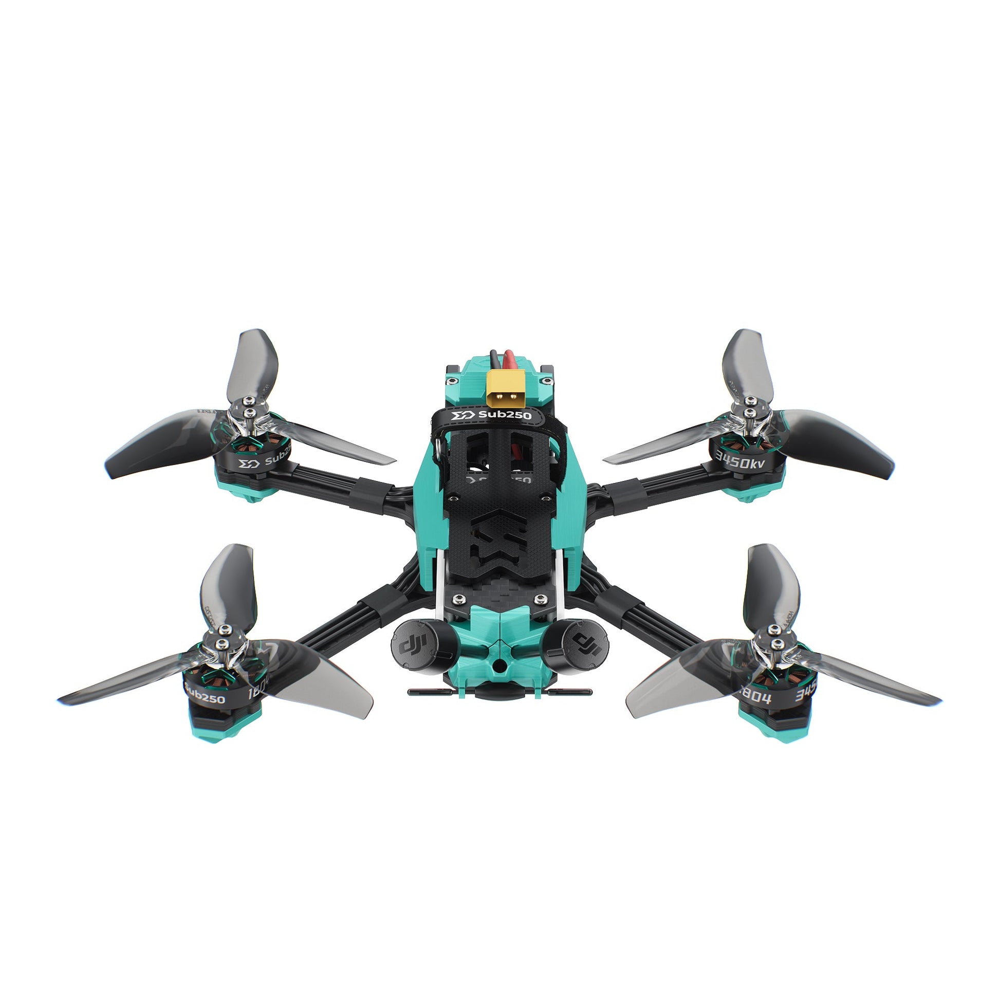 Top-down view of quadcopter showing four props, motor layout, and rear antenna mounts