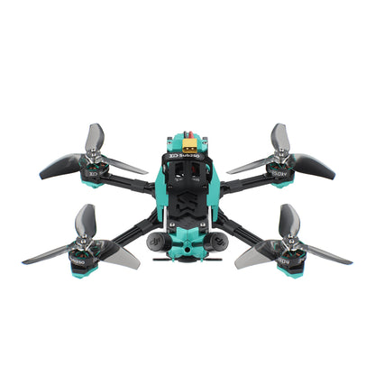 Top-down view of quadcopter showing four props, motor layout, and rear antenna mounts