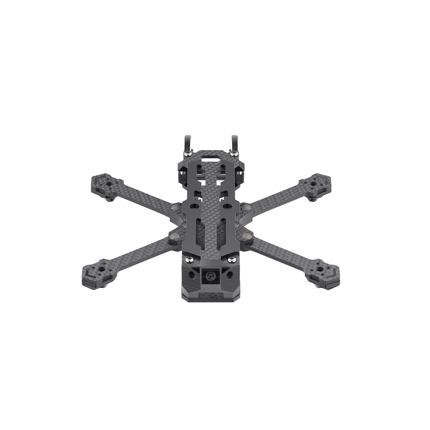 Top-down view of assembled carbon fiber micro FPV drone frame with four 2.5in arm ends