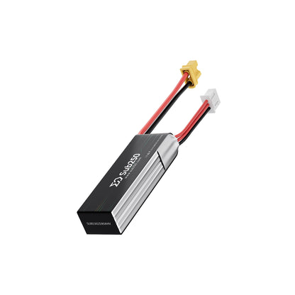 Sub250 530mAh 2S LIHV battery angled view showing black label, silver wrap, and dual connector leads