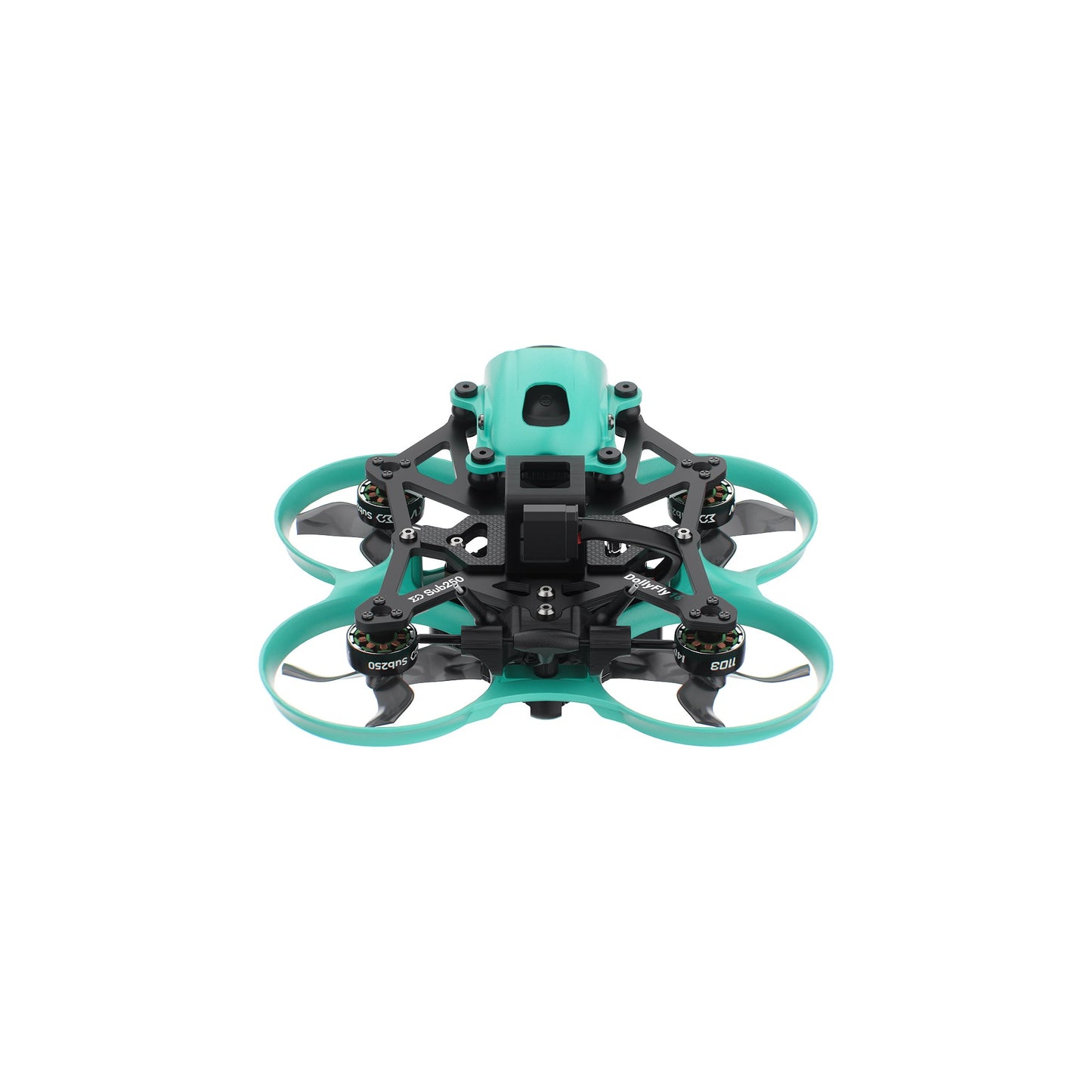 Rear view of whoop FPV drone with teal canopy, motor layout, and ducted prop guards