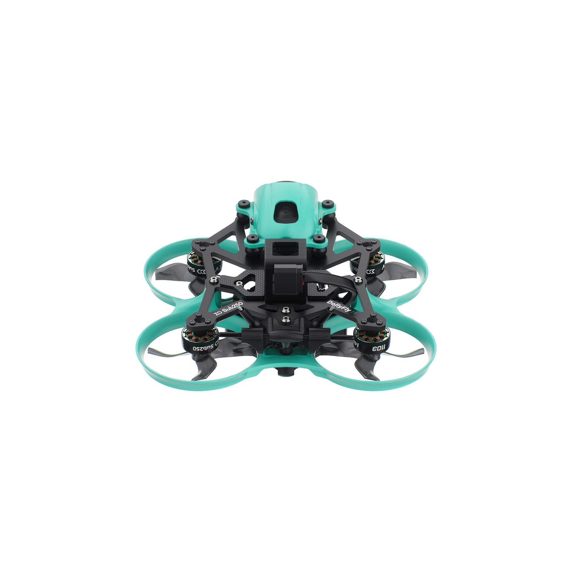 Rear view of whoop FPV drone with teal canopy, motor layout, and ducted prop guards
