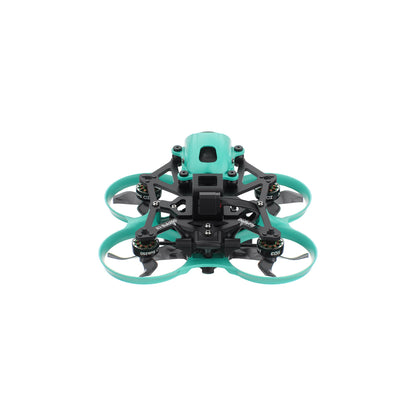 Rear view of whoop FPV drone with teal canopy, motor layout, and ducted prop guards