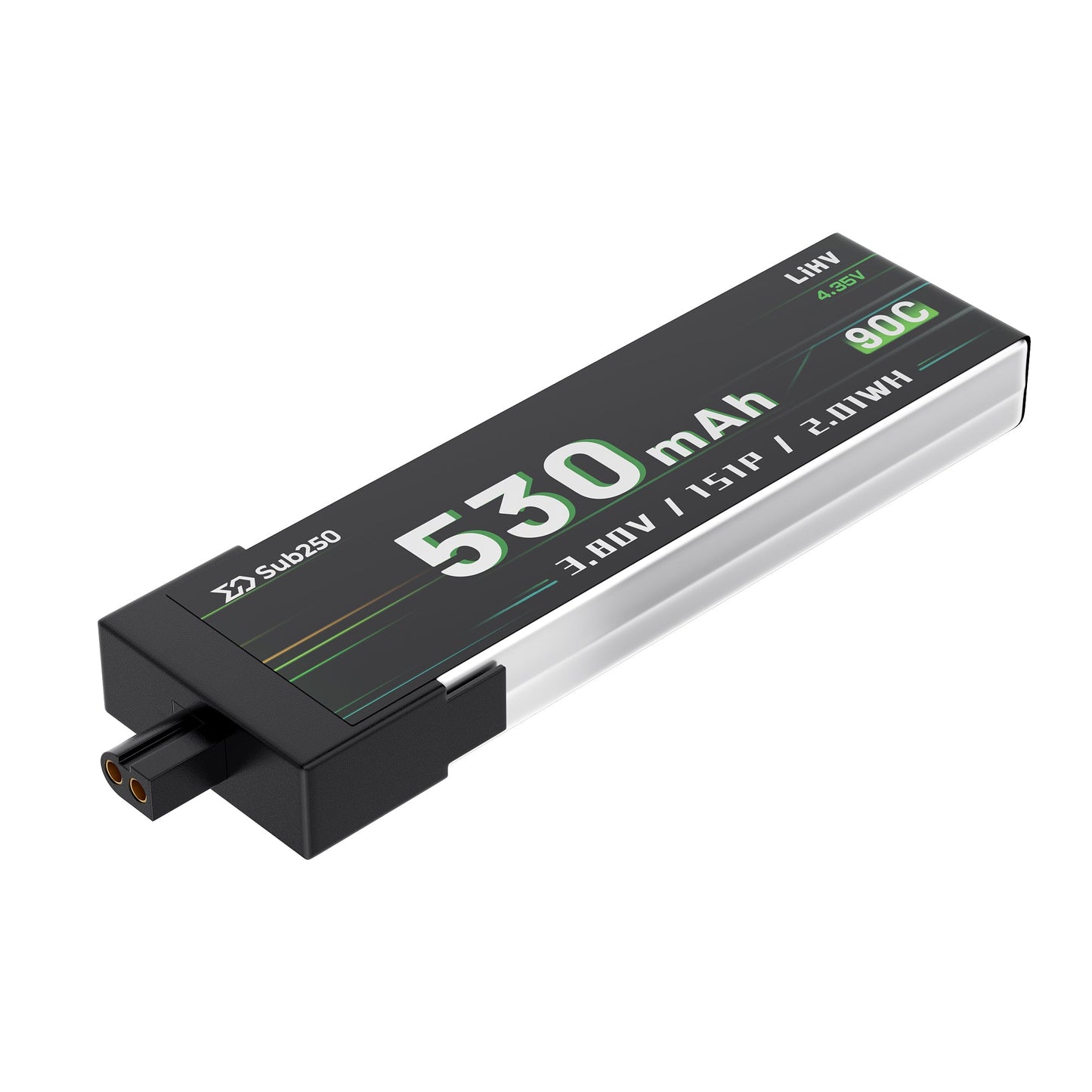 Sub250 SUB5301S90AHV 1S 530mAh 90C LiHV Battery, angled view with 2-pin connector