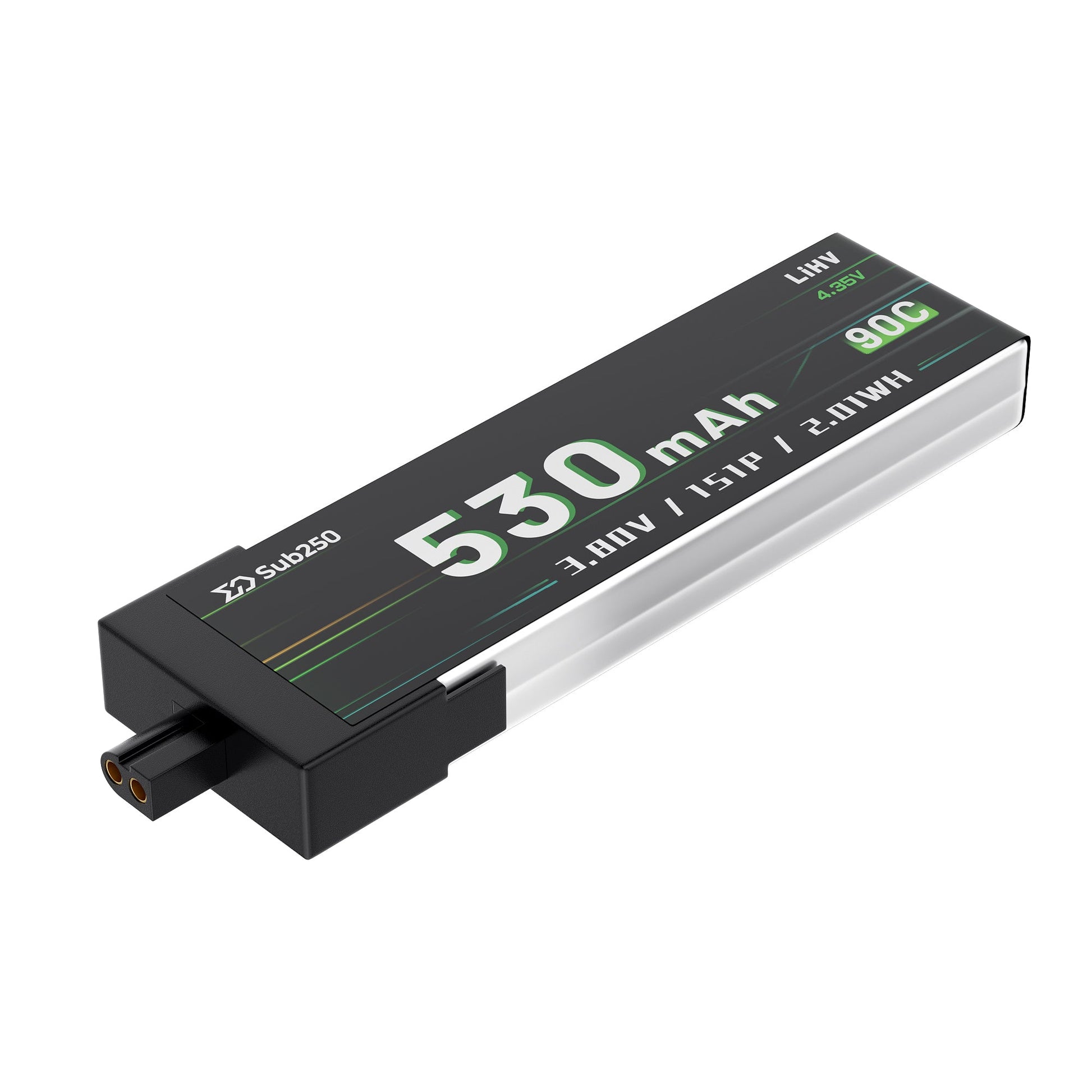 Sub250 SUB5301S90AHV 1S 530mAh 90C LiHV Battery, angled view with 2-pin connector