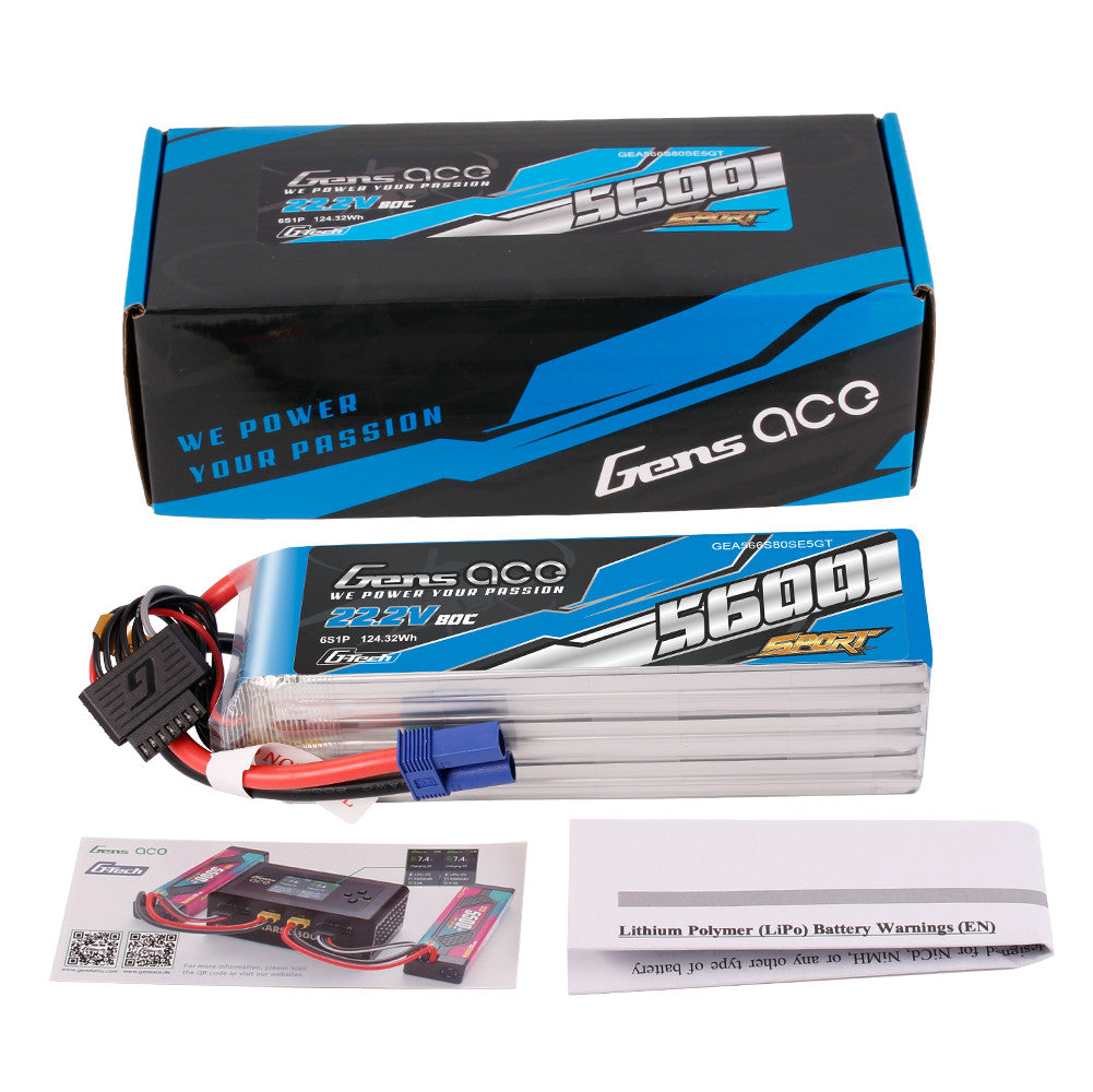 Gens ace Sport 5600mAh 6S 22.2V 80C LiPo battery pack with EC5 power lead and 7-pin balance connector